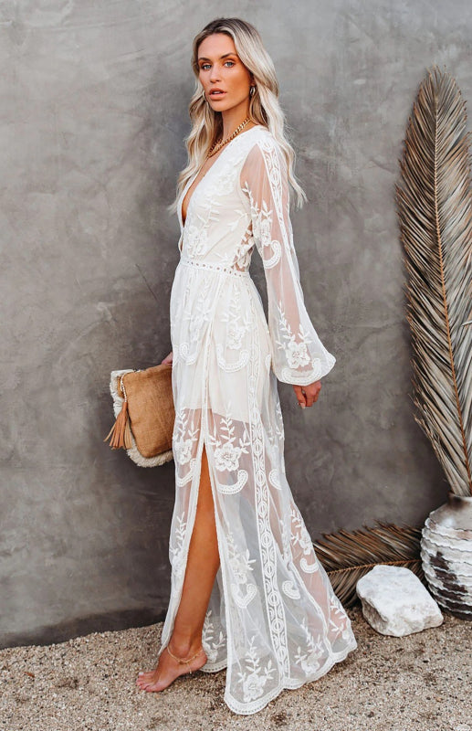 Lace Long Sleeve Deep V Solid Color Hollow Dress
