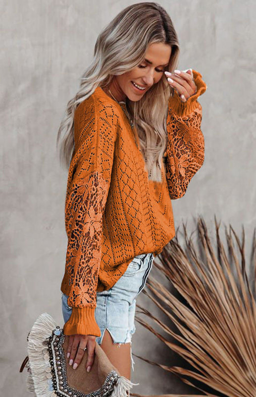 महिलाओं की लंबी बांह की कटआउट पेटल आस्तीन स्वेटर