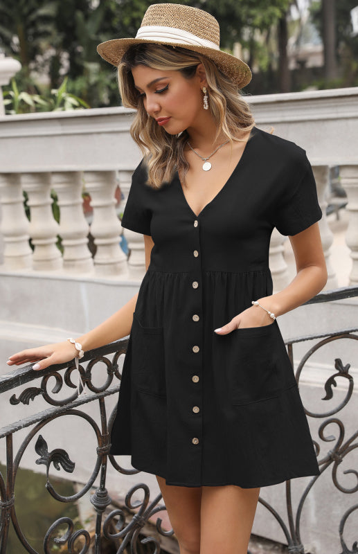 महिलाओं की ढीली शर्ट ड्रेस वी-नेक छोटी आस्तीन वाली प्लीटेड कॉटन लिनन ड्रेस