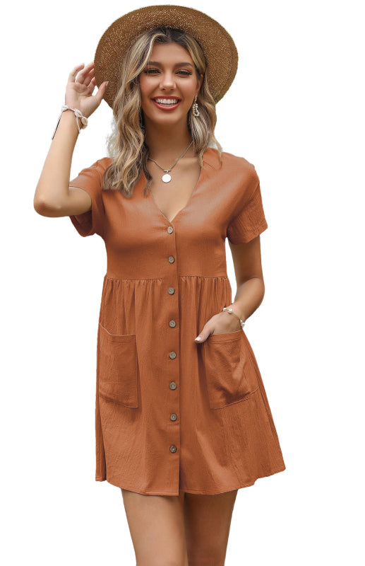 महिलाओं की ढीली शर्ट ड्रेस वी-नेक छोटी आस्तीन वाली प्लीटेड कॉटन लिनन ड्रेस