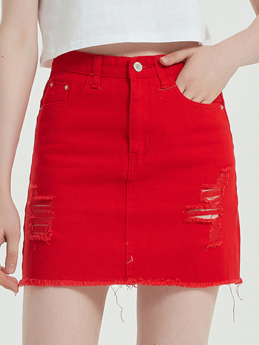 Women's high waist ripped hole bag hip denim skirt