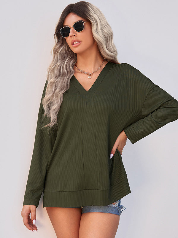 Women's solid color pullover thin V-neck top