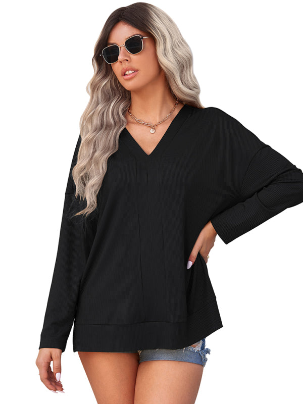 Women's solid color pullover thin V-neck top