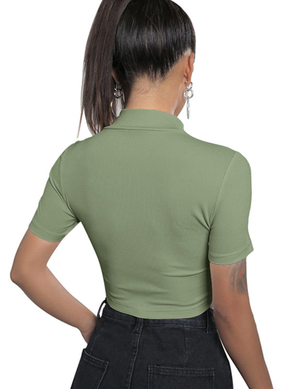 Women's tight-fitting zipper lapel top