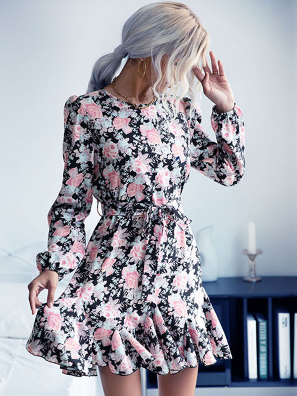 Women's long sleeve floral print short dress