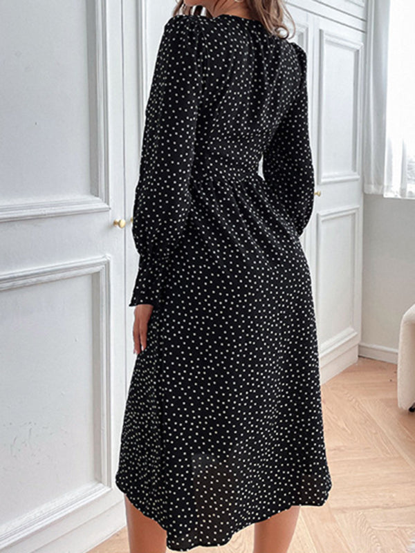 Women's temperament black polka dot long sleeve dress