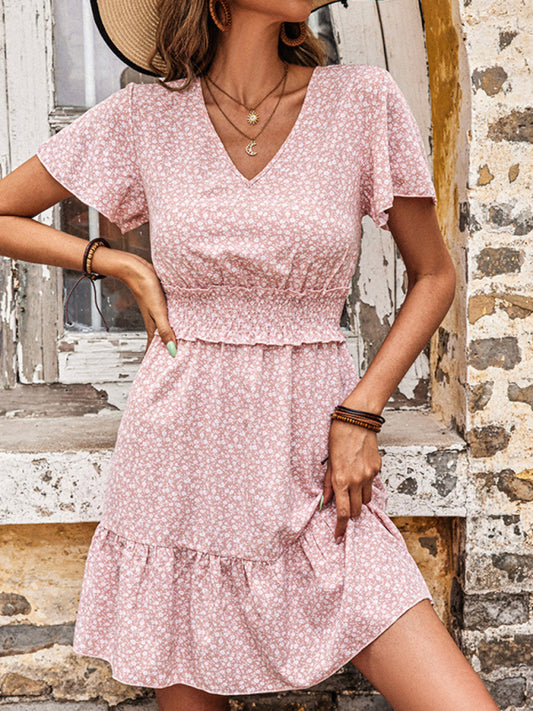 Floral Pink Casual V-Neck Ruffle Dress