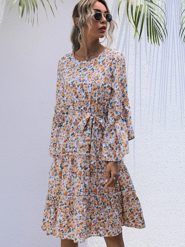 Round neck lace-up long-sleeve floral print dress