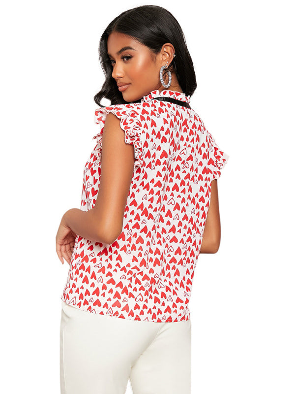 महिलाओं के लिए वसंत और ग्रीष्म ढीली आस्तीन वाली कमल पत्ती किनारे वाली प्रिंट शर्ट