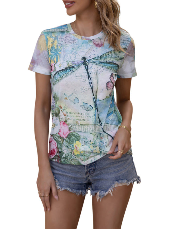 Women's round neck loose dragonfly printed short-sleeved T-shirt