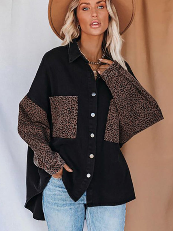 Women's Long Sleeve Pocket Leopard Print Lapel Cardigan Top