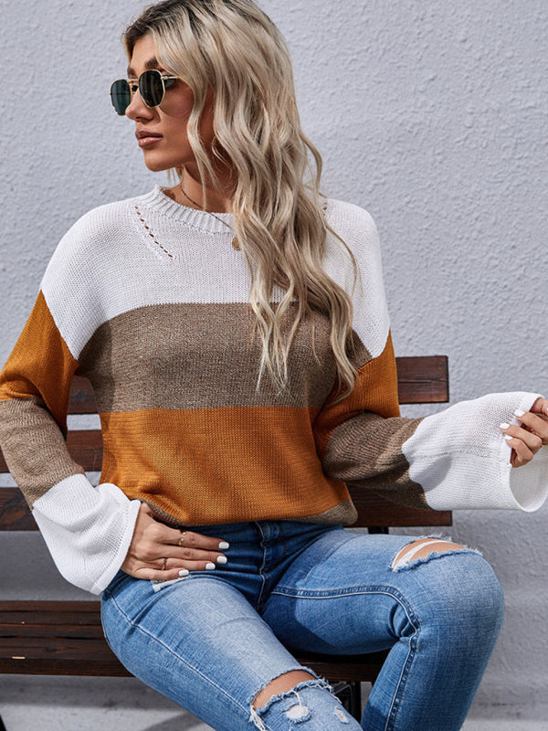 Women's loose stitching long sleeve sweater