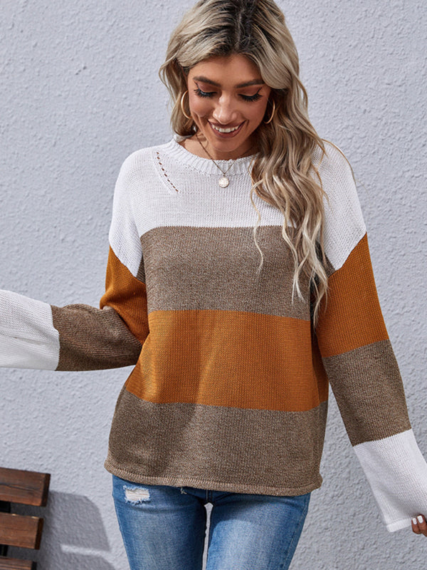 Women's loose stitching long sleeve sweater
