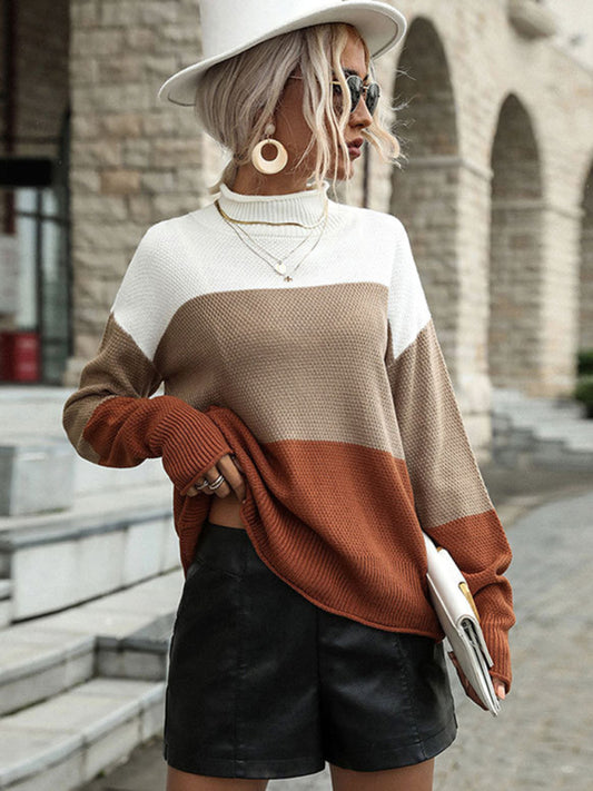 Women's Long Sleeve Colorblock Half Turtleneck Sweater