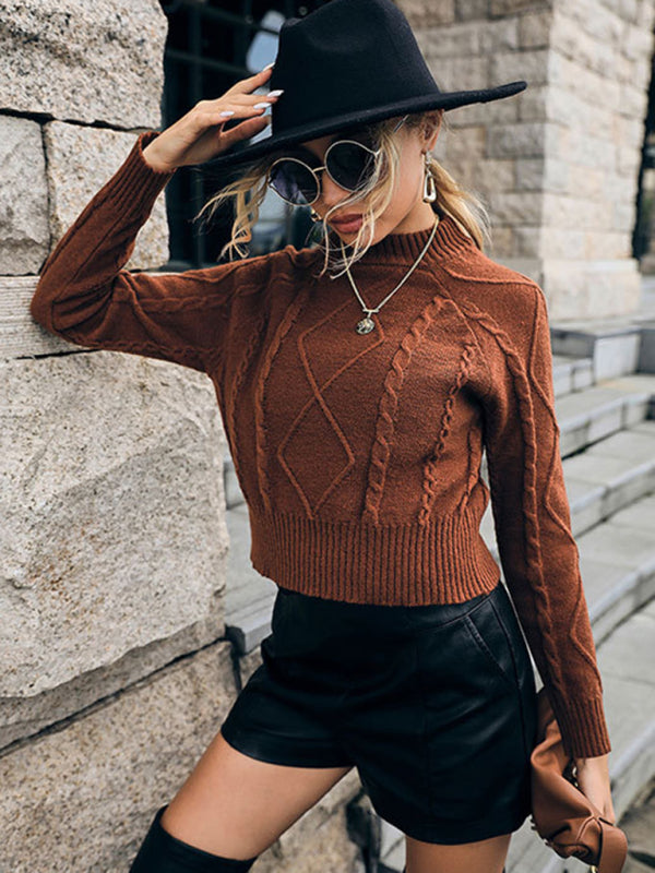 महिलाओं का कैज़ुअल लंबी आस्तीन वाला सॉलिड कलर ट्विस्ट शॉर्ट स्वेटर
