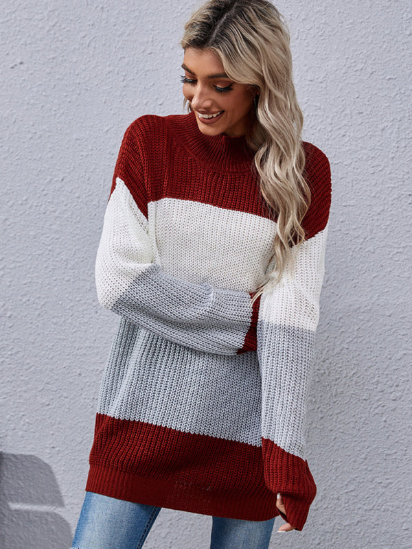 महिलाओं की लंबी आस्तीन वाला कलरब्लॉक मध्य लंबाई का स्वेटर कैजुअल