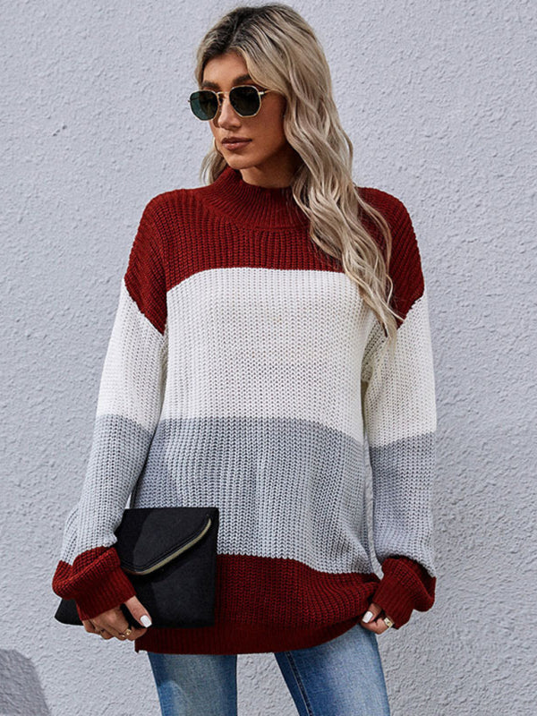 महिलाओं की लंबी आस्तीन वाला कलरब्लॉक मध्य लंबाई का स्वेटर कैजुअल