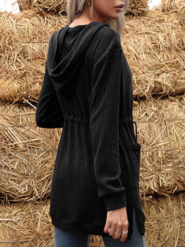 महिलाओं की लंबी आस्तीन वाला लेस-अप कार्डिगन बुना हुआ हुड वाला स्वेटर कोट