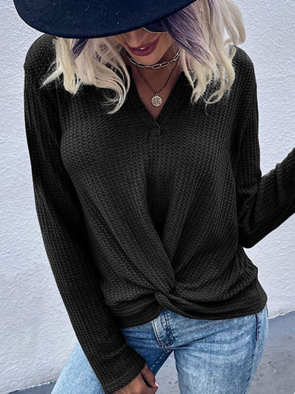 Women's waffle kink thin solid color bottoming knitted sweater