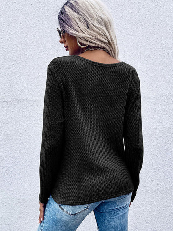 Women's waffle kink thin solid color bottoming knitted sweater