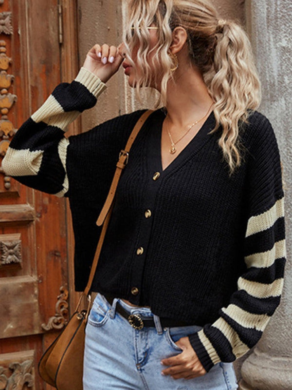 Women's knitted striped short sweater cardigan