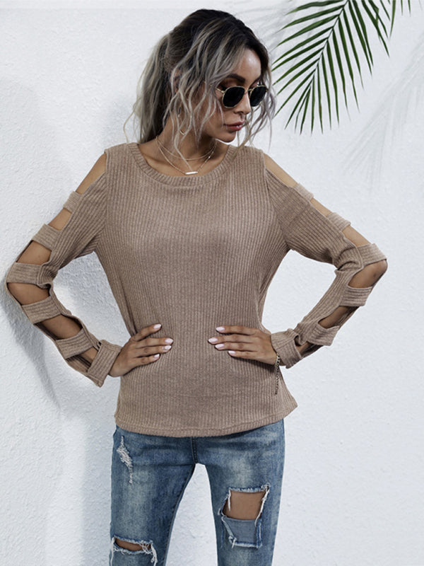 Women's hollow long sleeve bottoming knitted sweater