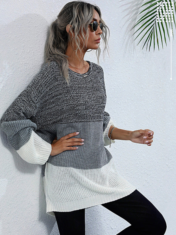 महिलाओं का यूरोपीय और अमेरिकी क्रू नेक लंबी आस्तीन कंट्रास्ट बुना हुआ स्वेटर