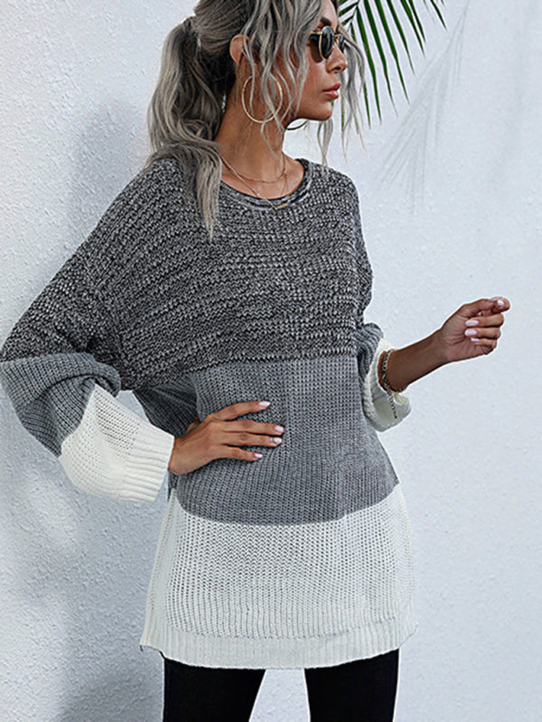 Women's Crew Neck Long Sleeve Contrast Knit Sweater