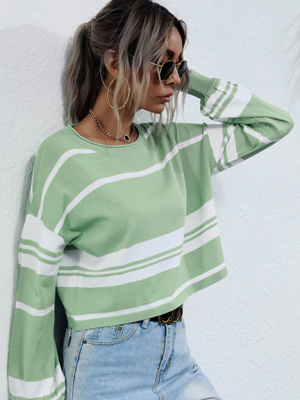 Women's short knitted bottoming striped green sweatshirt