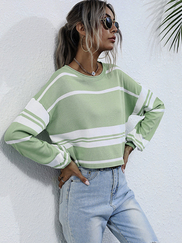 Women's short knitted bottoming striped green sweatshirt
