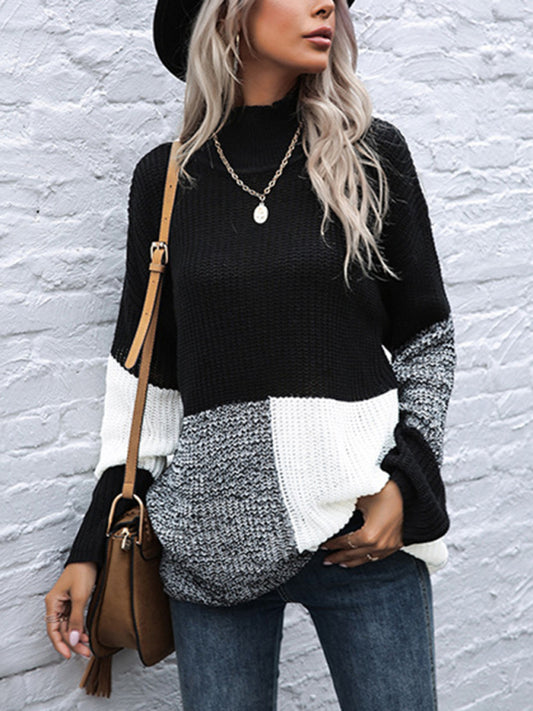 Women's colorblock loose turtleneck knitted sweater