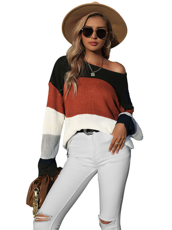 Women's Casual Long Sleeve Mid Length Contrast Sweater