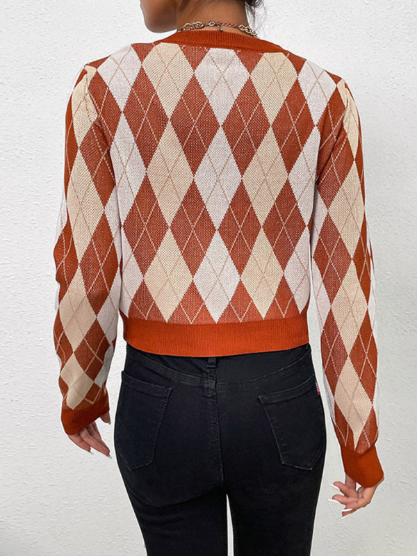 Women's long-sleeved short rhombus sweater