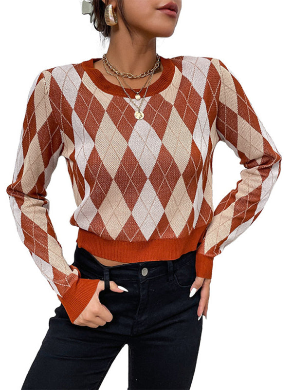 Women's long-sleeved short rhombus sweater