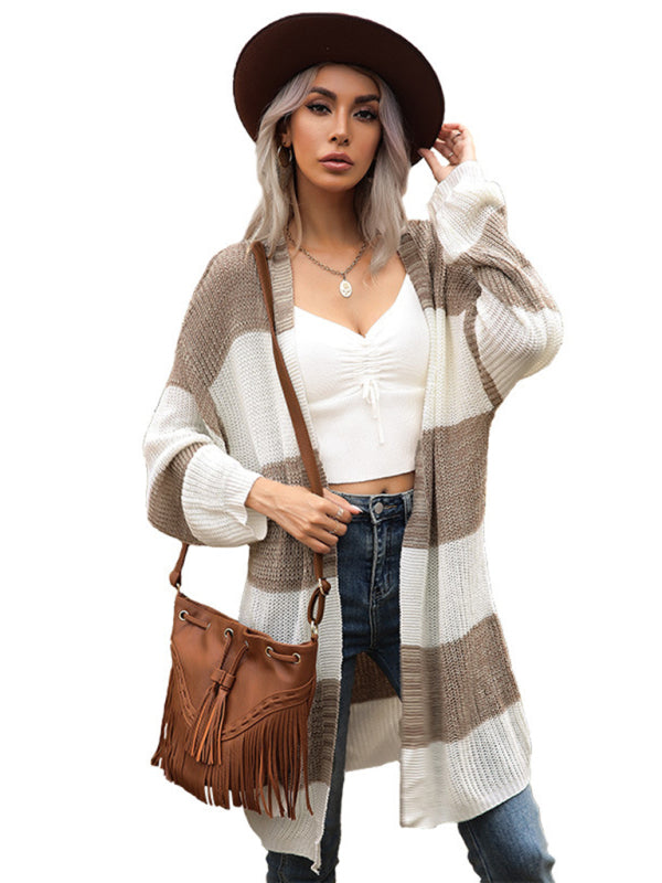 Women's long stitched long sleeve knitted cardigan