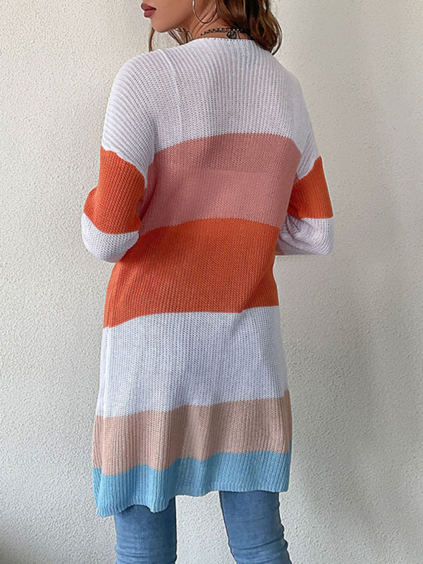 Long-sleeved color-blocking sweater cardigan