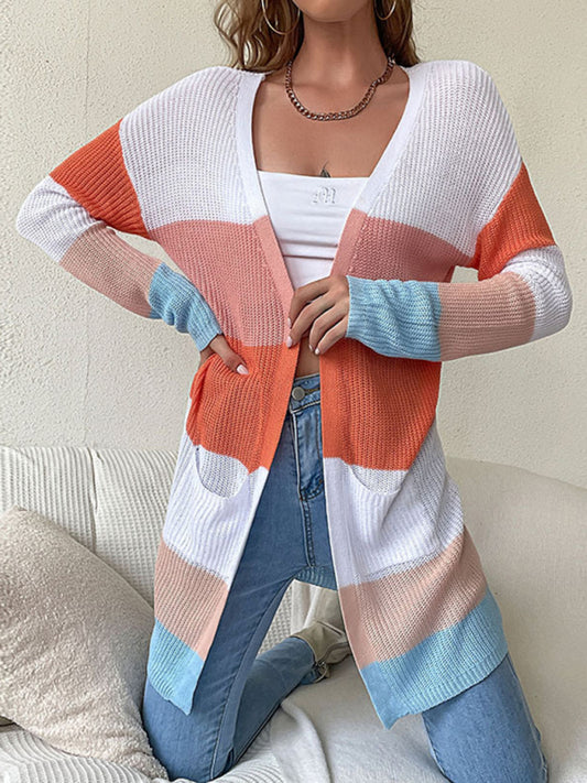 Long-sleeved color-blocking sweater cardigan