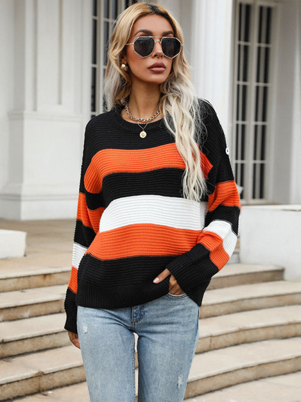 महिलाओं की पतली लंबी आस्तीन वाला ढीला धारीदार बुना हुआ स्वेटर
