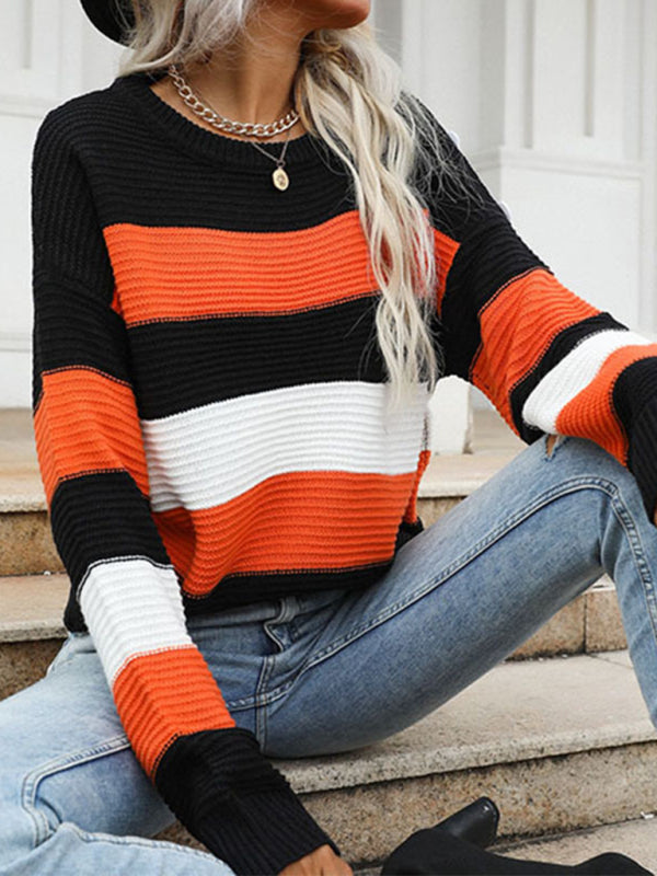 Women's thin long sleeve loose striped knitted sweater