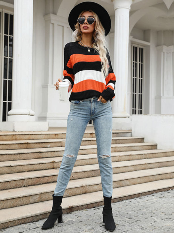 महिलाओं की पतली लंबी आस्तीन वाला ढीला धारीदार बुना हुआ स्वेटर
