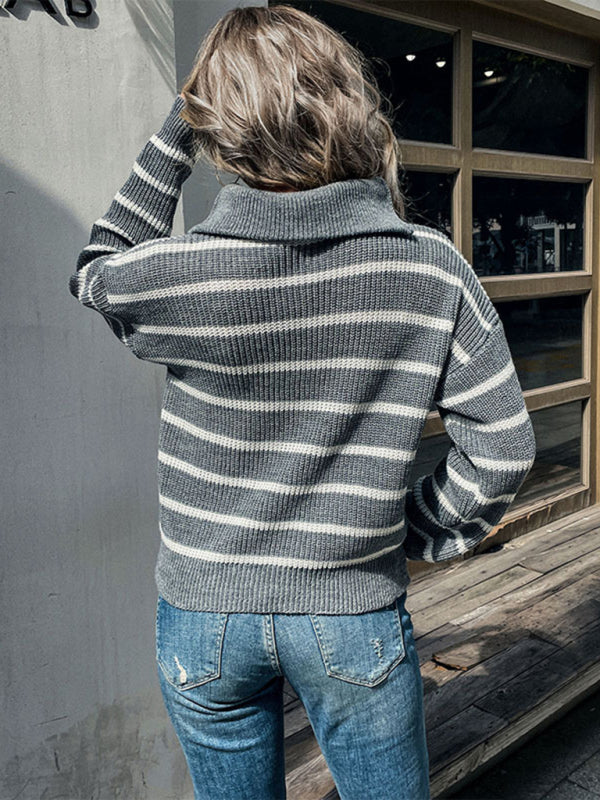 Women's Long Sleeve Lapel Striped Sweater