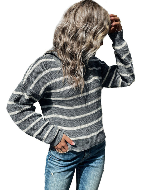 Women's Long Sleeve Lapel Striped Sweater