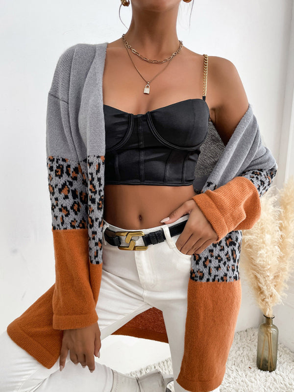 Women's Leopard Contrast Long Sleeve Sweater Cardigan
