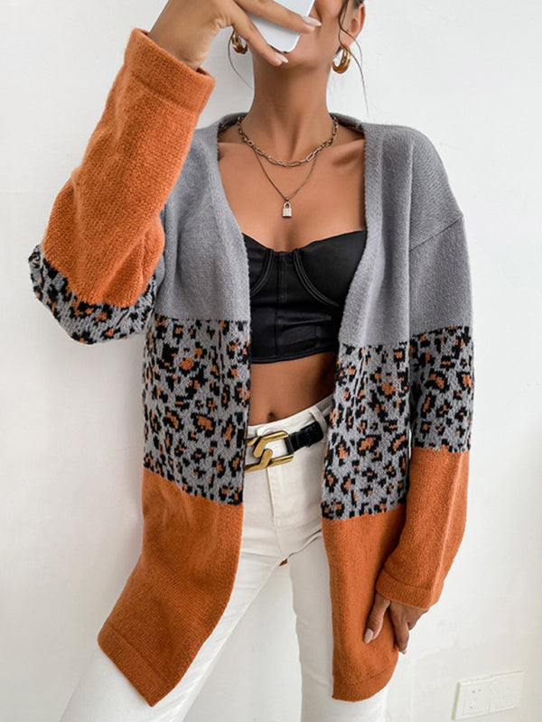 Women's Leopard Contrast Long Sleeve Sweater Cardigan