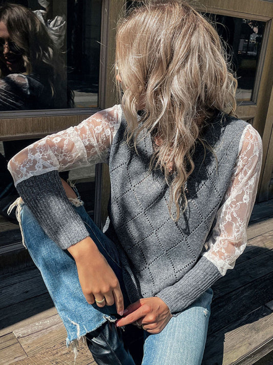 Women's long-sleeved lace stitching sweater