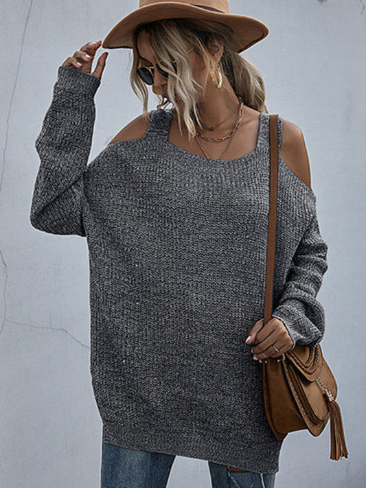 Women's solid color knitted square neck off shoulder bottoming sweater