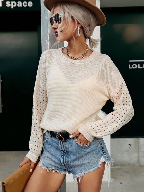 Thin Cutout Long Sleeve White Knit Sweater