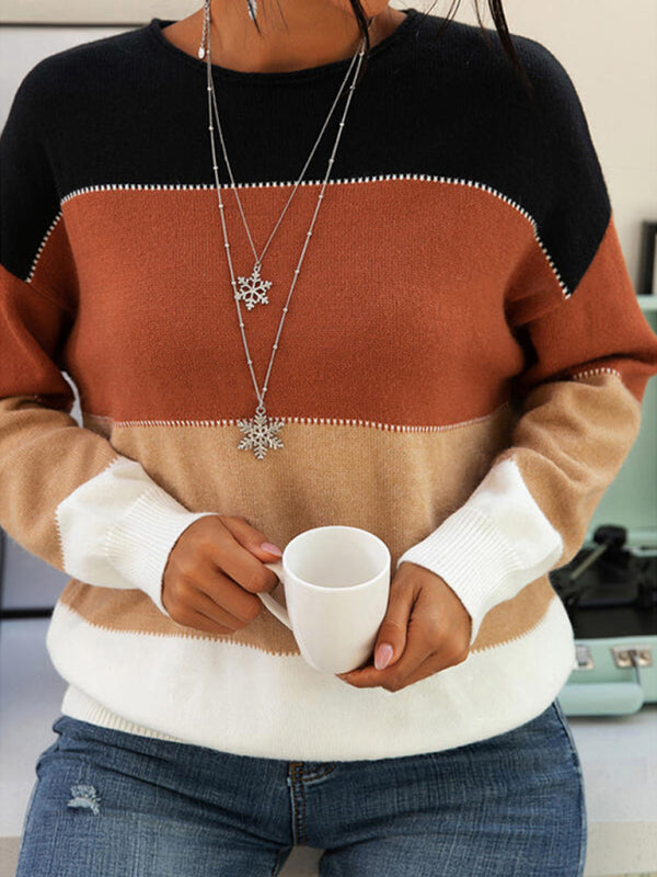 महिलाओं की धारीदार कंट्रास्ट लंबी आस्तीन क्रूनेक बुना हुआ स्वेटर