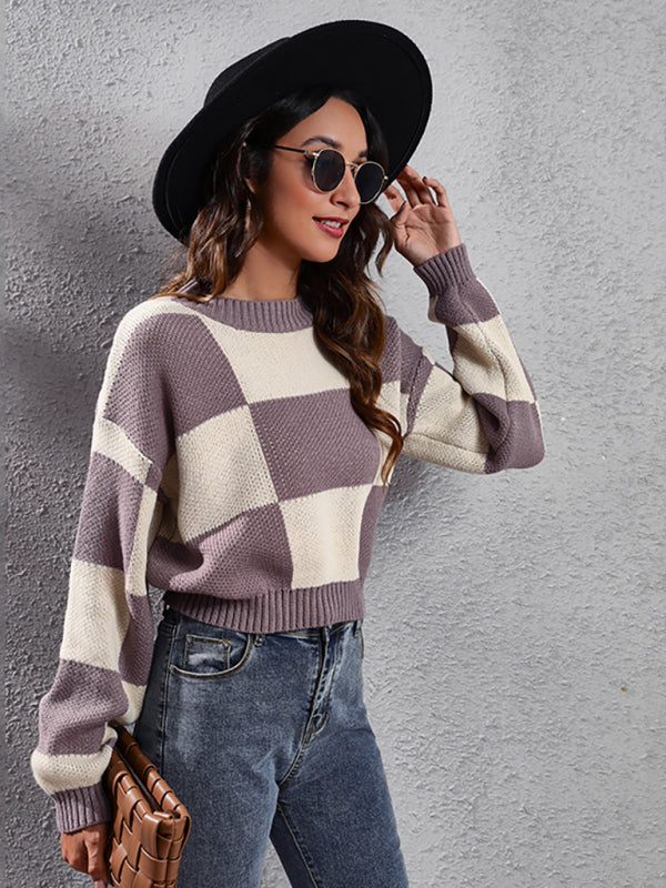 महिलाओं के लिए शतरंज की बिसात चेकर्ड कंधे वाली लंबी आस्तीन वाला छोटा ढीला बुना हुआ स्वेटर