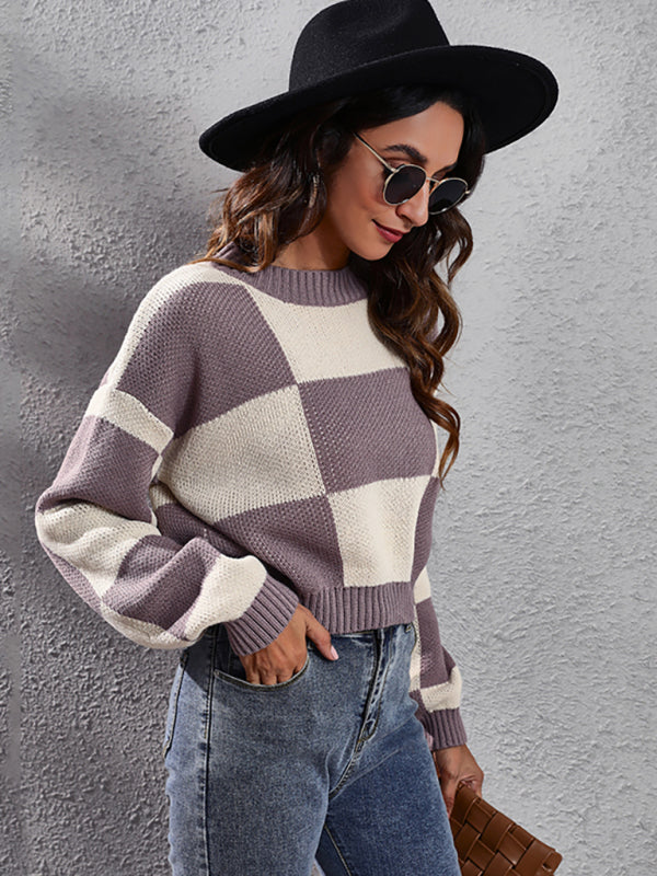 महिलाओं के लिए शतरंज की बिसात चेकर्ड कंधे वाली लंबी आस्तीन वाला छोटा ढीला बुना हुआ स्वेटर
